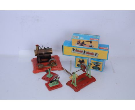 Mamod Stationary Steam Engine and accessories and Wilesco boxed Accessories,  Mamod SE2  with Flywheel attachment on red base