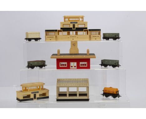 Tri-ang TT Gauge Rolling Stock and Accessories, wagons, Bulk Ore (3, one with load), Meat Van, and Shell Tank, Grantham Signa