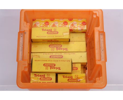 Tri-ang TT Gauge Empty yellow Boxes and one late Buffer Box, Buffer Box with T182 in pencil on end, various Coach and Utility