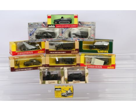 Solido and Victoria WWII Tanks and Other Military Vehicles, all boxed/cased, Solido (10) eight US army models includes two Sh