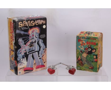 Haha Tin Robot San Smoking bear and Cap Guns, Haha Toys China TR2011 battery operated Smoking Spaceman, in original box, VG, 