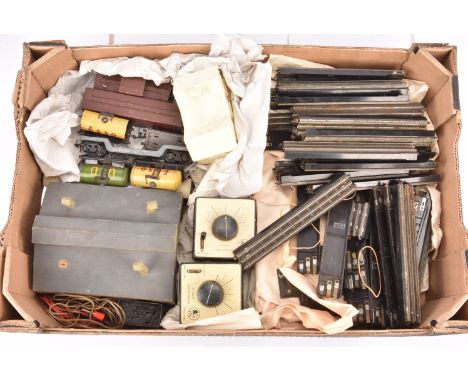 Trix 00 Gauge pre and post-war Rolling Stock Accessories and Track, including pre-war wooden Engine Shed (lacks one chimney),