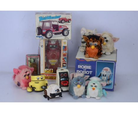 1980s and Later Battery Powered Robots and Other Toys, boxed examples Tandy 60-4054 Robbie the Robot with remote, New Bright 