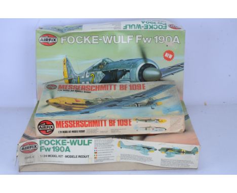 Vintage Airfix 1:24 Scale Military Aircraft Kits, three boxed examples, 16001-8 Focke Wulf Fw 190A (2) and 12002-9 ME Bf 109E