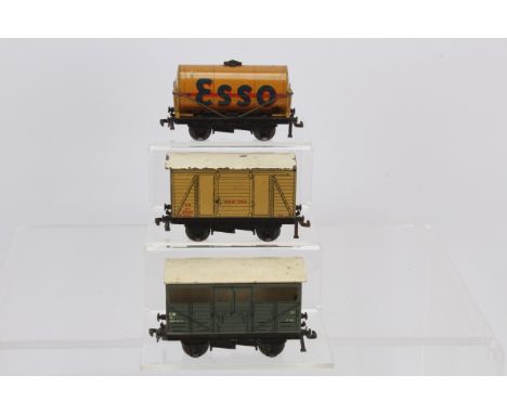Hornby-Dublo 00 gauge uncommon 3-Rail wagons, Buff Esso Tank wagon, SR Meat Van and GW grey Cattle Truck, F-G (3) 