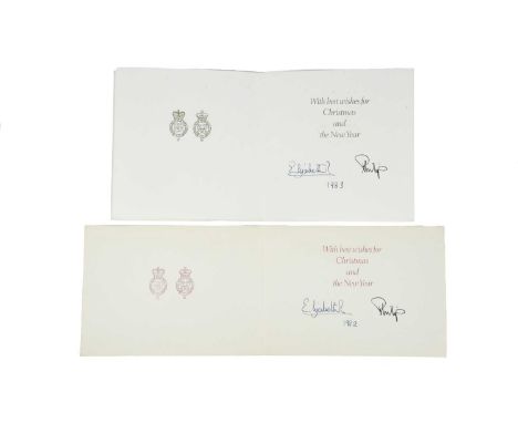 Her Majesty Queen Elizabeth II and Prince Philip: two signed Christmas greetings cards, 1982 and 1983, the first with two vie