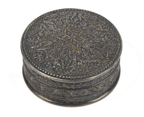 Brigadier General Thomas Palmer: an Indian silver repoussé box, of lidded circular form, the embossed foliate decoration in a