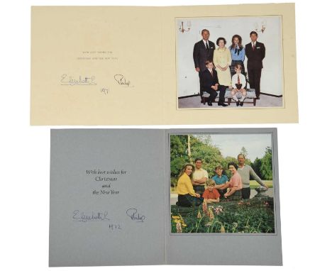 Her Majesty Queen Elizabeth II and Prince Philip: two signed Christmas greetings cards, 1971 and 1972, the first showing an i