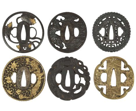 Six Japanese sword guards (tsuba),  the first maru-gata, with an openwork design involving maple leaves; the next with horses