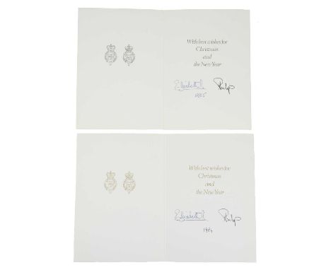 Her Majesty Queen Elizabeth II and Prince Philip: two signed Christmas greetings cards, 1984 and 1985, the first showing the 