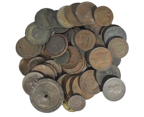 A quantity of coins, copper and other base metals, British and international, including: George III: twopence, 1797, Soho min