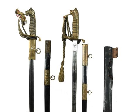 Two British 1846 pattern Naval officer's swords, the first a Victorian example of small proportions, blade 26 in., gilt brass