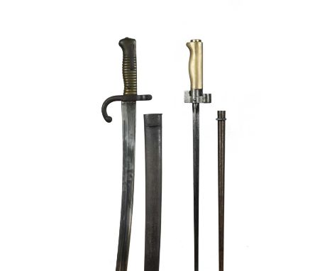 A French model 1866 Chassepot bayonet, yataghan style blade, the spine marked for Tulle June 1873, steel scabbard with corres