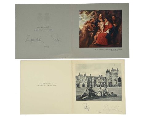 Her Majesty Queen Elizabeth II and Prince Philip: two signed Christmas greetings cards, 1960 and 1961, the first showing the 