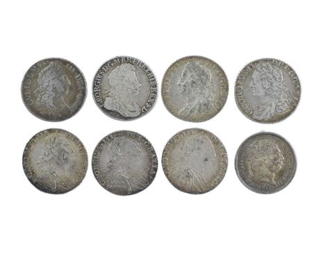 A quantity of English and British silver shillings, comprising: William III, 1697, third bust, rev. plain angles (S 3505), go