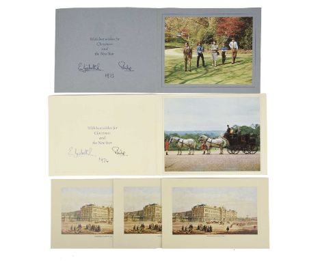 Her Majesty Queen Elizabeth II and Prince Philip: two signed Christmas greetings cards, 1973 and 1974, the first showing the 