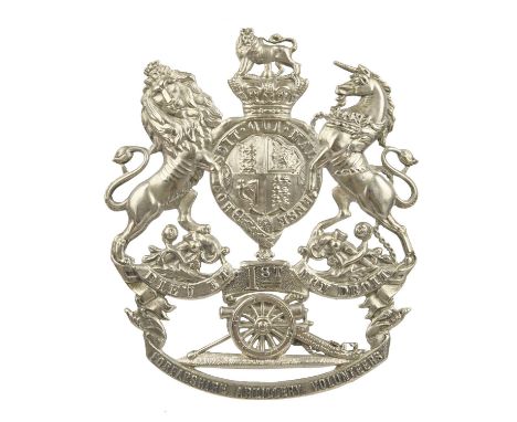 1st Forfarshire Artillery Volunteers: a Victorian white metal helmet plate, Royal Arms with a cannon beneath, '1st' in place 
