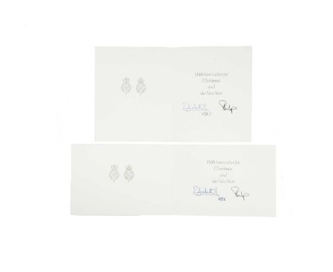 Her Majesty Queen Elizabeth II and Prince Philip: two signed Christmas greetings cards, 1986 and 1987, the first with an eque