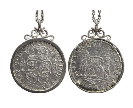 Spanish Mexico: Phillip V, silver eight reales, 1736, set in a plain pendant mount with scrolling rope-twist suspension, the 