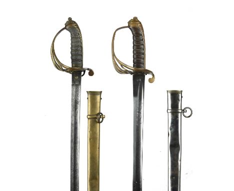 Two Victorian infantry officer's swords, the first of 1845 pattern, etched blade with retailer's name ''Linney, London', bras