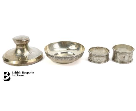 Italian silver pin dish, engraved with a family crest, approx 8.3 cms diameter, 63 gms; silver capstan travelling inkwell Bir