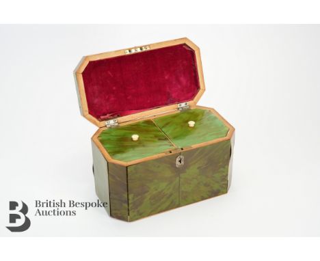 George III (1760-1820) green tortoiseshell tea caddy, approx  19 x 10 x 11 cms. The caddy interior is faced in boxwood enclos