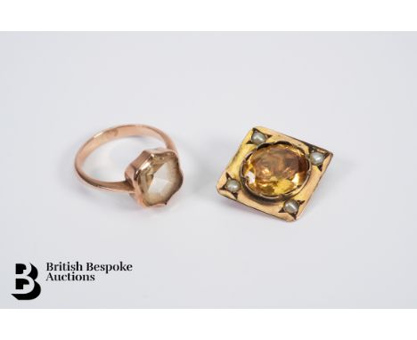 An antique 9ct yellow gold&nbsp;fancy cut citrine ring, size J, weight approx. 2.77gms, together with a yellow gold quartz an