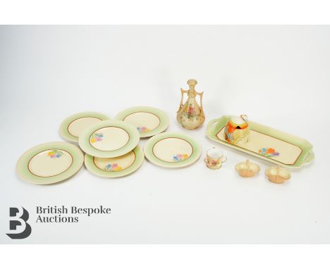 Clarice Cliff Crocus pattern ceramics including six plates and a rectangular sandwich plate and a Fantasque honey pot and cov