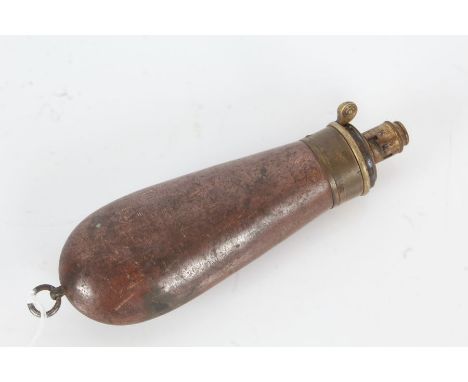 Copper and brass powder flask, by G &amp; J.W. Hawksley, 13cm long