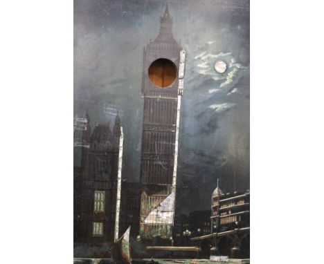 Big Ben picture clock, with mother of pearl inlay, (lacking clock), 51cm tall