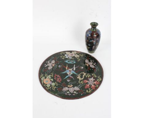 Japanese cloisonne vase and panel, the vase with colourful butterflies and flowers on a black ground, 20cm tall, the circular