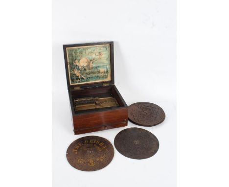 19th century table-top polyphon, housed in a walnut and brass case, with ten 8" discs, the box 26cm wide