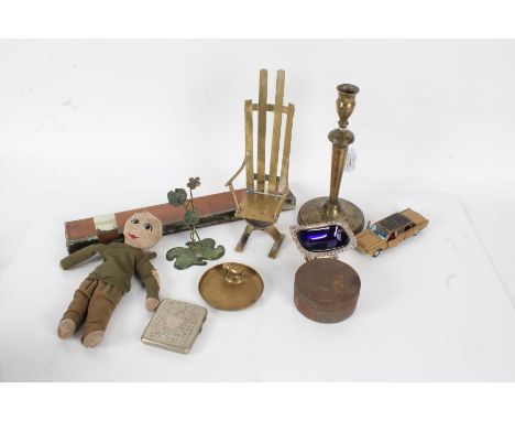 Mixed items to include a silver plated salt, brass model of a chair, lighter, doll etc., (qty)