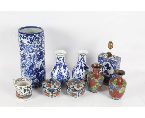 Collection of mostly Chinese ceramics, to include a cylindrical vase, table lamp, pair of pots and covers, pair of cloisonne 