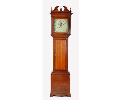 Victorian oak and mahogany crossbanded 30 hour longcase clock, the broken arch pediment with brass urn finials, the hood with