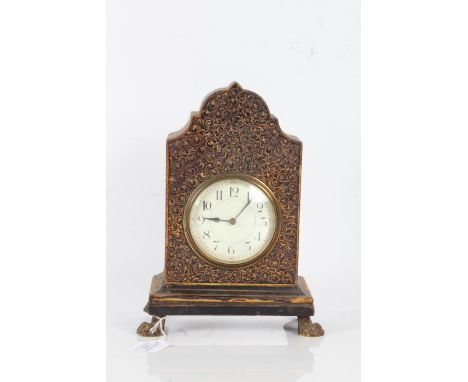 19th century chinoiserie mantel clock, the eastern style case with gilt swirls on a black lacquered ground, the dial with ara