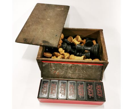 A turned wooden chess set, king H. 8cm, together with a Will's star cigarette dominoes set.