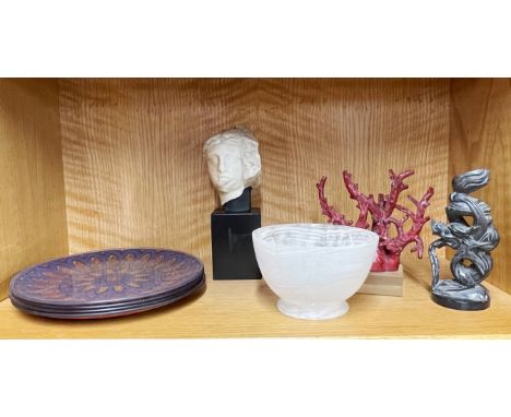 A polished stone bowl, a small coral tree, a carved soapstone dragon, four vintage glass plates and one other item, tallest H