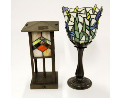 A stained glass candle lamp, H. 30cm, together with an Arts and Crafts style table lamp base.