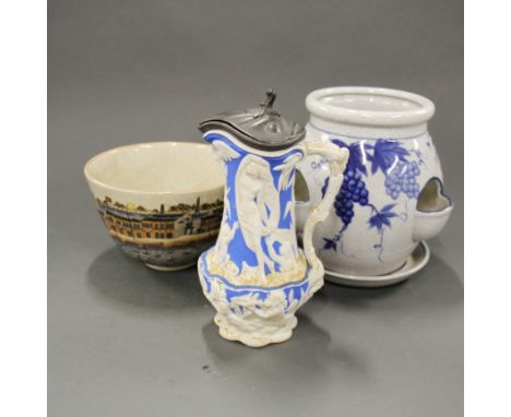 A 19thC relief decorated jug with a Chinese crackle glazed porcelain bowl depicting shipping concession fort and a pottery pl