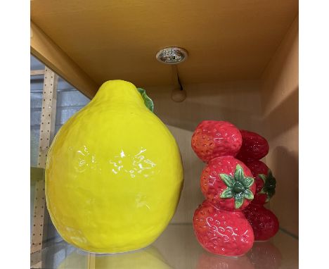 A large ceramic lemon vase, H. 30cm, together with two strawberry vases.