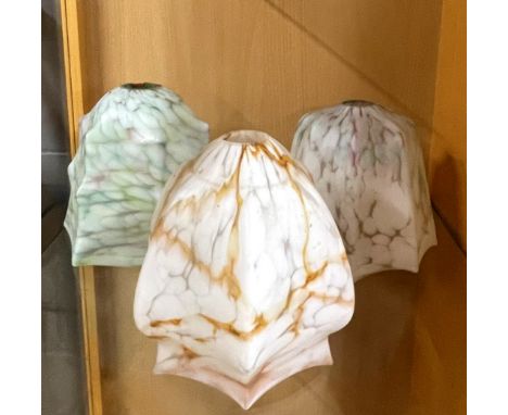 Three 1930's marbled glass ceiling light shades, H. 17cm.