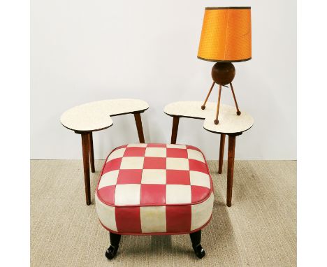 A chequered Sherborne 1970's footstool on castors together with a pair of Formica and oak 70's side tables and a tripod table