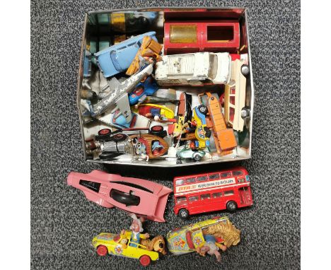 A box of mixed diecast toy model vehicles.