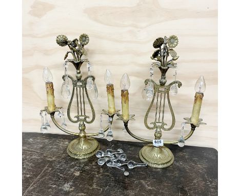A pair of gilt brass and crystal candelabra style table lamp bases, H. 42cm.