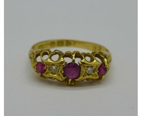 An 18ct gold, diamond and ruby ring, worn Chester hallmark, 2.5g, N