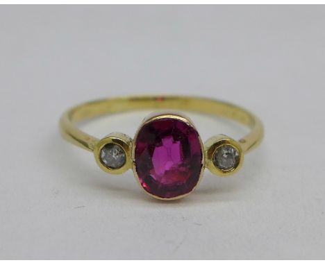 A 9ct gold, ruby and diamond ring, 1.8g, P