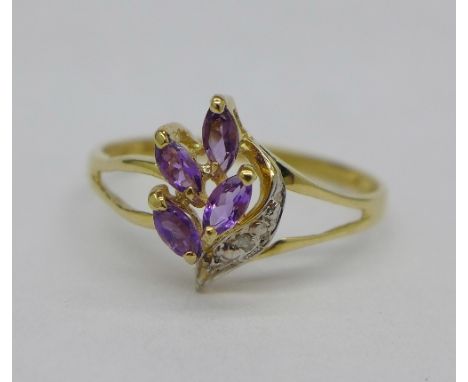 A 9ct gold, amethyst and diamond ring, 1.1g, O