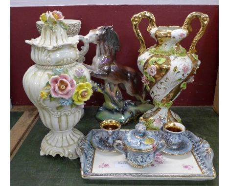 A Capodimonte tray and two cups and saucers, three vases and a model horse