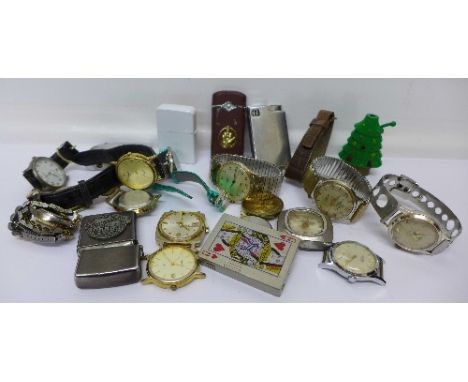 A collection of watches and lighters including Timex, Ingersoll and Interpol
